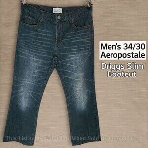 Aeropostale Jeans Mens 34x30 Driggs Slim Bootcut Distressed Dark Blue Wash